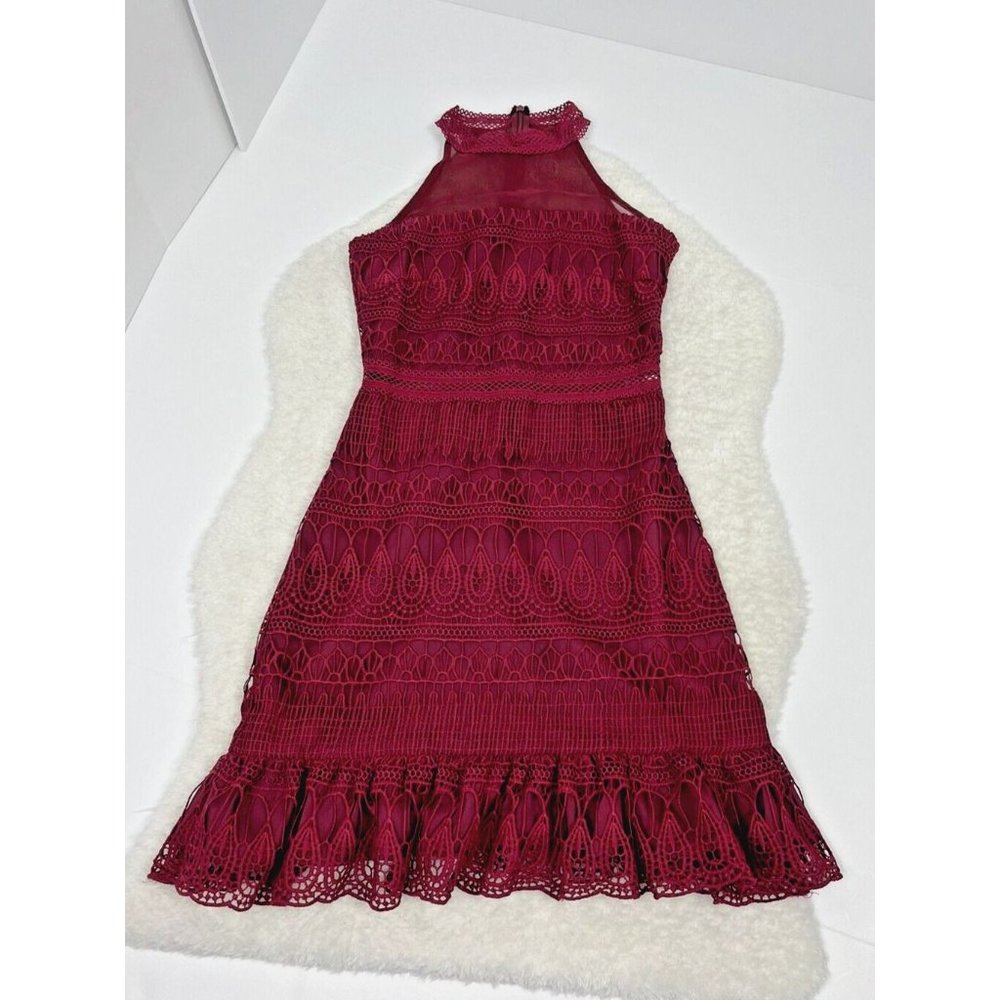 Two Sisters The Label Burgundy‎ Dress Halter Top Lace Overlay Womens Size 2